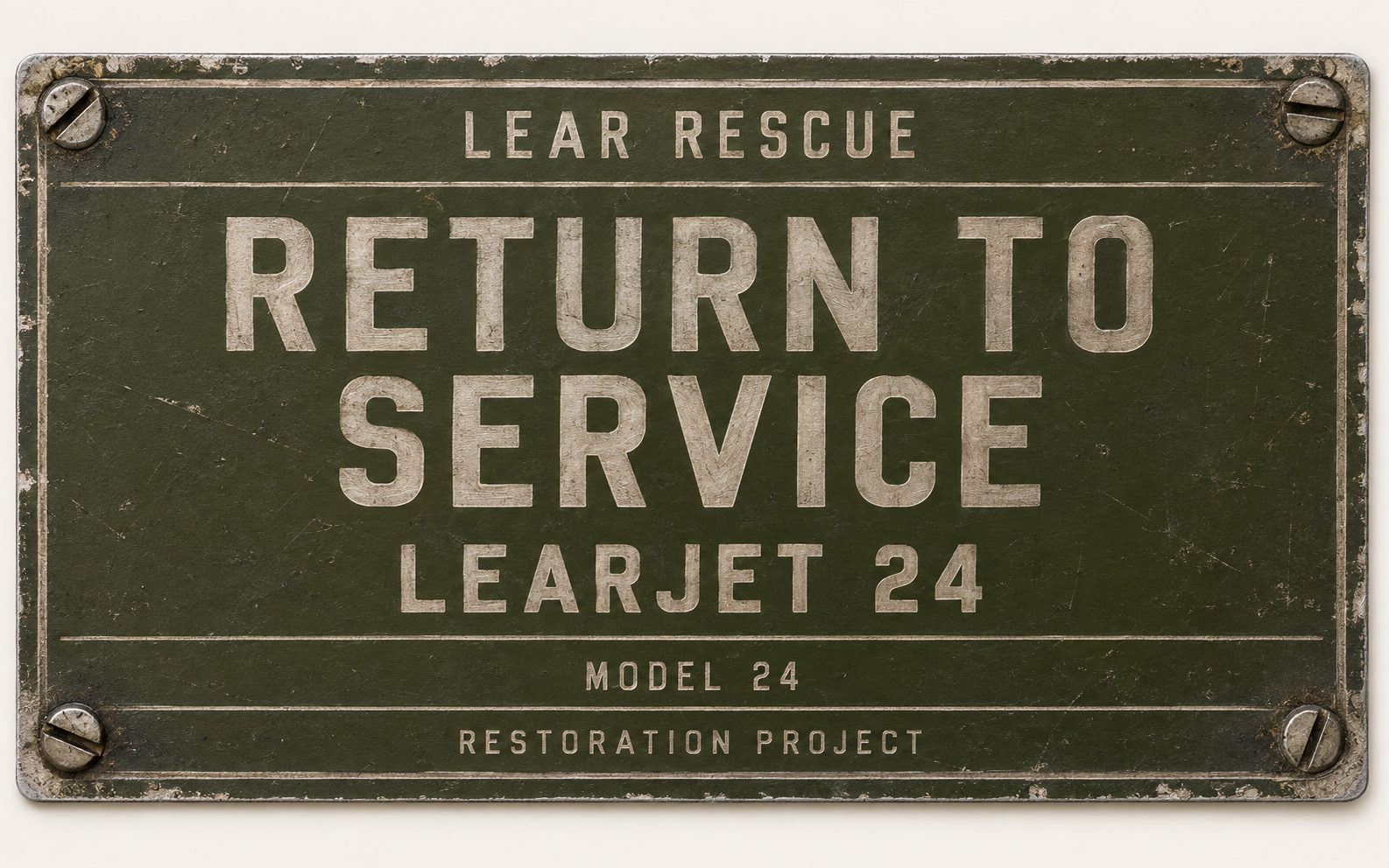 Lear Rescue — Return to Service. Learjet 24, Model 24, Restoration Project. Custom olive-drab aircraft plate artwork with etched lettering and worn metal edges.